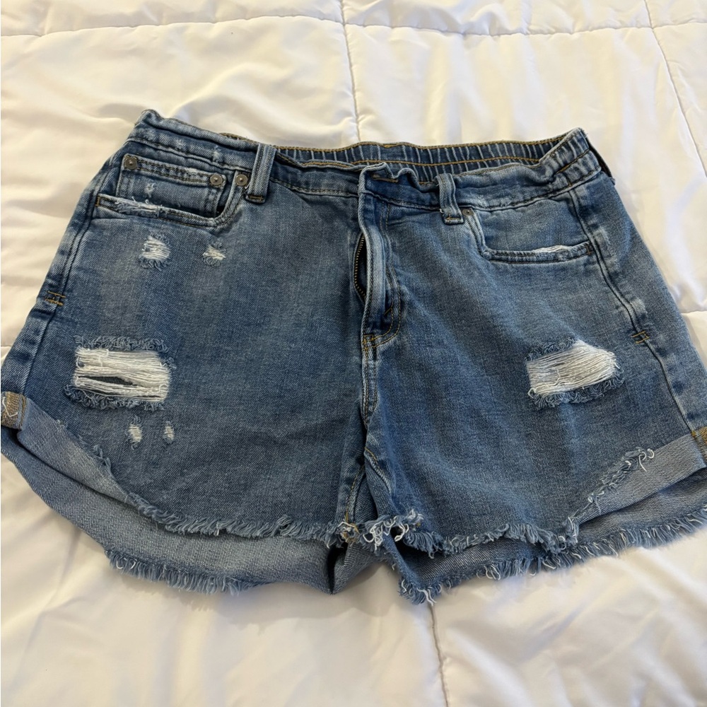 aerie Distressed Medium Blue Denim Shorts with Frayed Hem